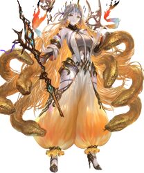 Rule 34 | 1girl, animal, bare shoulders, breasts, expressionless, fire emblem, fire emblem heroes, forehead jewel, full body, gem, gold trim, gradient clothes, gradient hair, grey hair, gullveig (fire emblem), gullveig (seer beyond time) (fire emblem), high heels, highres, holding, horns, jewelry, large breasts, leotard, leotard under clothes, long hair, looking at viewer, multicolored hair, nintendo, non-web source, official art, orange hair, pale skin, pants, see-through, single horn, sleeveless, snake, solo, staff, standing, thighs, transparent background, two-tone hair, yoshiku (oden-usagi)