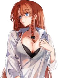 Rule 34 | 1girl, black bra, bra, braid, braided sidelock, breasts, cleavage, collarbone, highres, hong meiling, large breasts, long hair, looking to the side, open collar, red hair, sarukana, shirt, simple background, sketch, solo, straight hair, touhou, twin braids, underwear, very long hair, white background, white shirt