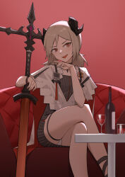 Rule 34 | 1girl, :d, absurdres, arknights, black dress, blonde hair, bottle, cloak, couch, crossed legs, cup, dress, drinking glass, hand up, highres, horns, id card, ifrit (arknights), ke&#039;ai qu qu, looking at viewer, open mouth, orange eyes, panties, pantyshot, red background, red theme, short hair, shot glass, sitting, smile, solo, striped clothes, striped dress, sword, table, thigh strap, twintails, underwear, vertical-striped clothes, vertical-striped dress, weapon, white cloak, white panties, wine bottle, wine glass
