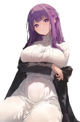 Rule 34 | 1girl, absurdres, arm under breasts, black robe, blunt bangs, breasts, dress, fern (sousou no frieren), hair ornament, highres, large breasts, looking at viewer, off shoulder, parted lips, purple eyes, purple hair, robe, simple background, solo, sousou no frieren, toi1et paper, white background, white dress