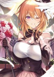Rule 34 | 1girl, ;), aged up, alternate breast size, bare shoulders, bird, black gloves, bouquet, breasts, commentary, dove, dress, elbow gloves, feathers, flower, gloves, gochuumon wa usagi desu ka?, hair between eyes, hat, highres, hoto cocoa, ks (xephyrks), large breasts, medium hair, mini hat, mini top hat, one eye closed, orange hair, parted lips, purple eyes, smile, solo, staff, tilted headwear, top hat