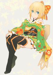 Rule 34 | 1girl, alternate costume, back bow, black thighhighs, blonde hair, blue eyes, bow, brown bow, closed mouth, edna (tales), floral print, gradient hair, green kimono, grey background, hair between eyes, hair bow, hand on own knee, invisible chair, isa (peien516), japanese clothes, kimono, leaf, leaf background, looking at viewer, maple leaf, multicolored hair, obi, off shoulder, orange bow, orange hair, print kimono, sash, short hair, short kimono, sitting, solo, tales of (series), tales of berseria, thighhighs, zettai ryouiki