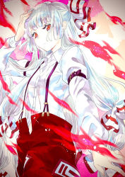 Rule 34 | 1girl, arm belt, blunt bangs, bow, buttons, collared shirt, commentary, cowboy shot, expressionless, fire, fujiwara no mokou, hair bow, hand on own head, hime cut, long hair, long sleeves, looking at viewer, ofuda, ofuda on clothes, open fly, pants, pocket, red bow, red eyes, red pants, shirt, sidelocks, solo, suspenders, touhou, two-tone bow, urushimaru0701, white bow, white shirt