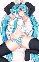 Rule 34 | 1girl, absurdres, aqua hair, aqua necktie, armpits, arms up, black thighhighs, blue eyes, blush, boots, breasts, collared shirt, detached sleeves, gluteal fold, groin, hair between eyes, hair ornament, hatsune miku, head tilt, highres, huge filesize, jack dempa, long hair, looking at viewer, lying, medium breasts, navel, necktie, on back, open mouth, panties, pocket, shirt, sidelocks, skindentation, sleeveless, sleeveless shirt, solo, stomach, striped clothes, striped panties, sweat, thigh boots, thighhighs, twintails, underwear, unworn panties, very long hair, vocaloid, white shirt
