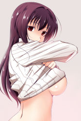Rule 34 | 1girl, breasts, clothes lift, covered erect nipples, fate/grand order, fate (series), highres, large breasts, long hair, long sleeves, nishi koutarou, purple hair, red eyes, ribbed sweater, scathach (fate), solo, sweater, sweater lift, turtleneck, turtleneck sweater, underboob