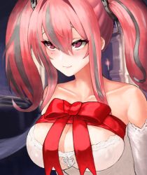 Rule 34 | 1girl, alternate costume, arms at sides, azur lane, breasts, bremerton (azur lane), dress, eyebrows hidden by hair, from side, highres, indoors, large breasts, mole, mole on breast, mole under eye, penchamu!, red eyes, red hair, ribbon, solo, twintails, upper body, wedding dress