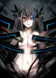 Rule 34 | 1girl, black hair, blood, bloody tears, blue eyes, breasts, censored, convenient censoring, glowing, glowing eyes, hair ornament, navel, one-eyed, open clothes, open shirt, original, serizawa mutsuki, shirt, small breasts, solo, tears, twintails