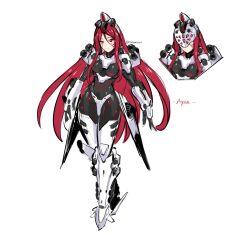 Rule 34 | 1girl, armored core, armored core 6, artist name, assault visor, ayre (armored core 6), breasts, full body, highres, inset, kubaushi, light smile, long hair, mecha musume, medium breasts, original, personification, red eyes, red hair, rocket launcher, solo, very long hair, weapon