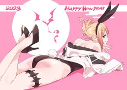 Rule 34 | 1girl, 2023, animal ears, ass, bare shoulders, black footwear, black leotard, blonde hair, closed mouth, fake animal ears, fake tail, hairband, henken, high heels, highres, jacket, legs up, leotard, long sleeves, looking at viewer, looking back, lying, new year, off shoulder, on stomach, original, rabbit ears, rabbit tail, red eyes, sidelocks, skindentation, smile, solo, tail, thigh strap, white jacket