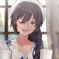 Rule 34 | 1girl, beret, black hair, blue shirt, collarbone, cropped torso, cup, curtains, earrings, glasses, hanetsuka, hat, highres, holding, holding cup, idolmaster, idolmaster shiny colors, jewelry, looking at viewer, mug, multicolored clothes, one eye closed, ponytail, round eyewear, shirase sakuya, shirt, smile, steam, white shirt, window