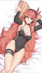 Rule 34 | 1girl, akame ga kill!, aki no kan, bed sheet, black choker, black hairband, black one-piece swimsuit, black sleeves, breasts, candy, casual one-piece swimsuit, chelsea (akame ga kill!), choker, cleavage, collarbone, covered navel, detached sleeves, food, from below, grin, hair between eyes, hairband, headphones, large breasts, lollipop, long hair, long sleeves, looking at viewer, lying, on back, one-piece swimsuit, pillow, red eyes, red hair, sketch, smile, solo, swimsuit, thigh strap, very long hair