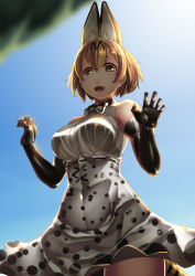 Rule 34 | 10s, absurdres, animal ears, bare shoulders, blonde hair, bow, covered navel, day, elbow gloves, extra ears, from below, gloves, hiememiko, highres, inverted colors, kemono friends, looking down, serval (kemono friends), serval print, short hair, sky, solo, w arms, yellow eyes