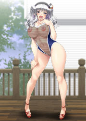 Rule 34 | 10s, 1girl, ayato, beret, blue eyes, blush, breasts, competition swimsuit, covered erect nipples, curvy, day, female focus, fence, fishnet swimsuit, fishnets, full body, grey eyes, hand on own thigh, hand on thigh, hand to own mouth, hat, highleg, highleg swimsuit, highres, house, kantai collection, kashima (kancolle), large breasts, looking at viewer, mesh, nature, naughty face, navel, nipples, one-piece swimsuit, open mouth, outdoors, plant, see-through, shiny skin, silver hair, sky, solo, swimsuit, twintails, wavy hair