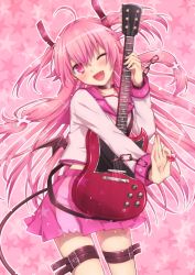 Rule 34 | 10s, 1girl, ;d, angel beats!, bad id, bad pixiv id, fang, guitar, highres, instrument, long hair, natsu natsuna, one eye closed, open mouth, pink background, pink eyes, pink hair, pink theme, plectrum, school uniform, serafuku, smile, solo, twintails, two side up, wink, yui (angel beats!)