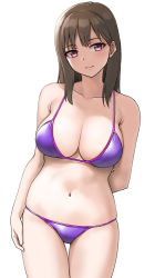 Rule 34 | 1girl, arm at side, arm behind back, bare arms, bare shoulders, bikini, blush, breasts, brown hair, cleavage, closed mouth, collarbone, cowboy shot, hashi, large breasts, long hair, looking at viewer, navel, original, purple bikini, purple eyes, simple background, stomach, string bikini, swimsuit, thigh gap, white background