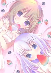 Rule 34 | 2girls, :p, blue eyes, blue hair, blueberry, brown hair, closed mouth, collarbone, commentary request, dress, food, frilled dress, frills, from above, fruit, gochuumon wa usagi desu ka?, hair between eyes, hair ornament, hairclip, holding, holding food, hoto cocoa, kafuu chino, long hair, looking at viewer, lying, multiple girls, on back, popsicle, purple eyes, rin (fuwarin), sleeveless, sleeveless dress, smile, strap slip, strawberry, sundress, tongue, tongue out, white dress, x hair ornament