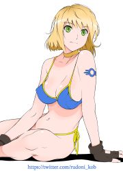 Rule 34 | 1girl, absurdres, bad id, bad twitter id, bikini, blonde hair, breasts, cleavage, fallout (series), fallout 4, fingerless gloves, gloves, green eyes, highres, rudoni, short hair, side-tie bikini bottom, simple background, solo, swimsuit, vault girl, white background