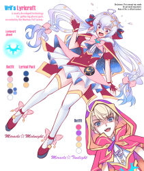 Rule 34 | 1boy, 1girl, ahoge, axia-chan, blonde hair, blue eyes, color guide, english text, fingerless gloves, frills, gloves, grey hair, hair ornament, highres, hood, hoodie, leopold (symphogear), long hair, magical girl, open mouth, purple eyes, red footwear, red gloves, red hoodie, red ribbon, ribbon, senki zesshou symphogear, short sleeves, teeth, thighhighs, twintails, upper teeth only, white background, white thighhighs, yukine chris