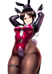 Rule 34 | 1girl, animal ears, blush, breasts, cleavage, female focus, from below, hat, highres, leotard, looking at viewer, original, playboy bunny, rabbit pose, rabbit tail, ryuusei (mark ii), short hair, smile, solo, thigh strap, thighs, top hat, white background