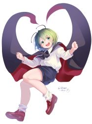 Rule 34 | 1girl, absurdres, antennae, artist name, black neckerchief, black shorts, blouse, cape, chikuwa savy, clenched hands, commentary, green eyes, green hair, highres, long sleeves, looking at viewer, mary janes, neckerchief, open mouth, red footwear, shirt, shoes, shorts, simple background, socks, solo, teeth, touhou, twitter username, two-sided cape, two-sided fabric, upper teeth only, white background, white shirt, white socks, wriggle nightbug