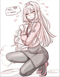 Rule 34 | 1girl, absurdres, an-94 (girls&#039; frontline), collared shirt, commentary, english commentary, english text, girls&#039; frontline, hairband, highres, holding, long hair, monochrome, pantyhose, paper, peroronti, shirt, shoes, simple background, skirt, solo, speech bubble, tears