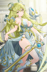 Rule 34 | 1girl, bare arms, bare shoulders, blurry, boots, breasts, cleavage, depth of field, dress, gold trim, green eyes, green hair, grey dress, hair ornament, head tilt, high heel boots, high heels, highres, holding, holding sword, holding weapon, knee boots, large breasts, leg up, long hair, looking at viewer, original, ronopu, side slit, skirt hold, sleeveless, sleeveless dress, smile, solo, spaghetti strap, standing, standing on one leg, sword, thighs, very long hair, weapon