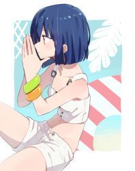 Rule 34 | 1girl, bare arms, bare legs, beach, blue background, blue hair, bob cut, border, bracelet, breasts, closed mouth, collarbone, commentary request, crop top, from side, hands up, innertube, jewelry, leaf, midriff, ocean, original, outside border, own hands together, profile, red eyes, short hair, shorts, sitting, small breasts, solo, sou (tuhut), swim ring, tank top, white border, white shorts, white tank top