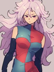 Rule 34 | 1girl, android 21, breasts, checkered clothes, checkered dress, dragon ball, dragon ball fighterz, dress, earrings, grey background, hair between eyes, hoop earrings, jewelry, kemachiku, long hair, looking at viewer, majin android 21, medium breasts, pink eyes, pink hair, red eyes, simple background, solo