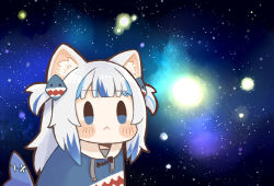 Rule 34 | 1girl, :&lt;, absurdres, animal ear fluff, animal ears, blue eyes, blue hair, blunt bangs, blush stickers, cat ears, chibi, commentary, dated commentary, gawr gura, hair ornament, hairclip, highres, hololive, hololive english, kemonomimi mode, long hair, meme, multicolored hair, parody, same anko, solo, space, space cat (meme), streaked hair, two-tone hair, two side up, virtual youtuber, white hair