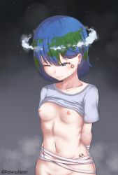 Rule 34 | 1girl, arms behind back, arrow (symbol), bad id, bad pixiv id, bandaged arm, bandages, blue eyes, blue hair, blush, breasts, clothes lift, cloud, collarbone, continents, earth-chan, green hair, highres, looking down, multicolored hair, nipples, one eye closed, original, out-of-frame censoring, radiation symbol, rebwastaken, recycling symbol, shirt lift, short hair, small breasts, solo, star (sky), stomach, wince