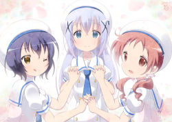 Rule 34 | 3girls, :d, ;q, aosora neko, bad id, bad pixiv id, beret, blue eyes, blue hair, blue neckwear, chimame-tai, closed mouth, commentary request, dated, dress, flat chest, gochuumon wa usagi desu ka?, hair between eyes, hair ornament, hair scrunchie, hairclip, hat, holding hands, interlocked fingers, jouga maya, kafuu chino, kafuu chino&#039;s school uniform, light blue hair, long hair, looking at viewer, multicolored background, multiple girls, natsu megumi, necktie, one eye closed, open mouth, parted bangs, pink scrunchie, puffy short sleeves, puffy sleeves, red eyes, red hair, sailor collar, school uniform, scrunchie, short hair, short sleeves, sidelocks, signature, smile, tongue, tongue out, twintails, upper body, wavy hair, white dress, white hat, x hair ornament, yellow eyes