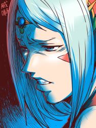 Rule 34 | 1girl, blue eyes, circlet, disgust, echidna (p&amp;d), facial mark, fangs, headdress, ishiyumi, jewelry, long hair, portrait, puzzle &amp; dragons, silver hair, solo, upper body