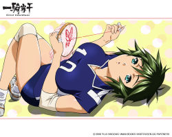 Rule 34 | 00s, bandages, green hair, ikkitousen, ikkitousen great guardians, kyocho chuukou, lying, short hair, stitched, third-party edit