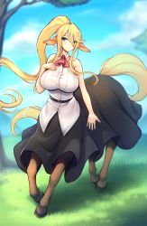 Rule 34 | 1girl, animal ears, ascot, bare shoulders, belt, black belt, black skirt, blonde hair, blue eyes, blue sky, breasts, centaur, centorea shianus, closed mouth, cloud, collared shirt, commentary, crunchobar, day, full body, grass, hair between eyes, hand on own chest, highres, horse ears, horse tail, large breasts, long hair, long tail, looking to the side, monster girl, monster musume no iru nichijou, multiple legs, pointy ears, ponytail, red ascot, shadow, shirt, sidelocks, skirt, sky, sleeveless, sleeveless shirt, smile, solo, standing, tail, taur, taut clothes, taut shirt, tree, very long hair, white shirt