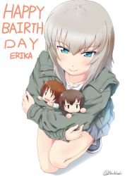Rule 34 | 1girl, black jacket, blouse, blue eyes, blue footwear, blue skirt, brown eyes, brown hair, buchikaki, casual, character doll, character name, closed mouth, commentary, cross-laced footwear, english text, engrish text, from above, full body, girls und panzer, grey jacket, half-closed eyes, happy birthday, holding, hood, hooded jacket, itsumi erika, jacket, kneeling, kuromorimine military uniform, long hair, long sleeves, looking at viewer, miniskirt, nishizumi maho, nishizumi miho, ooarai school uniform, pleated skirt, ranguage, school uniform, shadow, shirt, shoes, silver hair, simple background, skirt, smile, sneakers, solo, twitter username, white background, white shirt