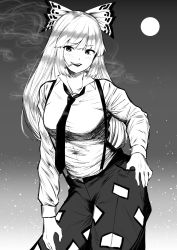Rule 34 | 1girl, absurdres, blush, bow, cigarette, collared shirt, commentary, contrapposto, fujiwara no mokou, full moon, greyscale, hair bow, hand on own hip, highres, long hair, looking at viewer, monochrome, moon, necktie, ofuda, pants, sen (daydream 53), shirt, sidelocks, smile, smoke, solo, star (sky), suspenders, touhou, white hair