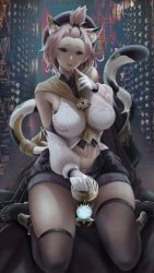 Rule 34 | 1girl, absurdres, aged up, animal ears, artist request, bare shoulders, boots, breasts, cat ears, cat tail, cocktail shaker, cryo (genshin impact), detached sleeves, diona (genshin impact), genshin impact, gloves, green eyes, hairline, hat, highres, large breasts, looking at viewer, panties, pantyshot, pink hair, shiny skin, short hair, short shorts, shorts, smile, solo, tail, thick thighs, thighhighs, thighs, underwear, vision (genshin impact)