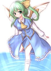 Rule 34 | 1girl, ascot, blue dress, blush, capelet, daiyousei, dress, embellished costume, fairy wings, green eyes, green hair, hair ribbon, highres, leg up, long hair, long sleeves, looking at viewer, aged up, one side up, oshiaki, ribbon, ripples, sidelocks, smile, solo, standing, standing on liquid, touhou, wings