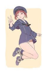 Rule 34 | 1girl, black neckerchief, blue dress, blue footwear, blue hat, blue sailor collar, blue socks, boots, brown eyes, brown hair, dress, full body, hand up, hat, highres, jumping, kantai collection, lips, looking at viewer, neckerchief, panties, pantyshot, parted lips, sailor collar, sailor dress, short dress, short hair, sidelocks, simple background, smile, socks, solo, timbougami, underwear, v, white panties, yellow background, z3 max schultz (kancolle)