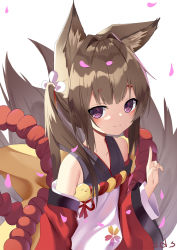 Rule 34 | 1girl, amagi-chan (azur lane), animal ears, azur lane, blunt bangs, brown hair, collarbone, commentary request, fox ears, fox girl, fox tail, from above, hair ribbon, highres, index finger raised, japanese clothes, kimono, kitsune, kyuubi, long hair, looking at viewer, looking up, manjuu (azur lane), multiple tails, off shoulder, petals, purple eyes, ribbon, rope, sakutaishi, shimenawa, sidelocks, signature, simple background, smile, solo, tail, thick eyebrows, twintails, wide sleeves