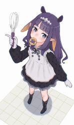 Rule 34 | 1girl, apron, black dress, black footwear, blue eyes, cookie, dress, food, gloves, highres, holding, holding whisk, hololive, hololive english, long hair, looking at viewer, mole, mole under eye, mouth hold, ninomae ina&#039;nis, ninomae ina&#039;nis (6th costume), ninomae ina&#039;nis (pastry chef), official alternate costume, pointy ears, purple hair, smile, solo, tentacle hair, virtual youtuber, waneyeye, whisk, white apron, white gloves