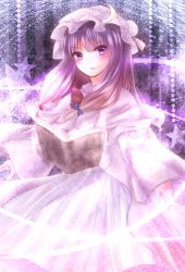 Rule 34 | 1girl, bad id, bad pixiv id, blush, book, capelet, crescent, dress, female focus, floating, floating book, floating object, glowing, hair ribbon, hat, kotonoman, lights, long hair, magic, patchouli knowledge, pink dress, purple eyes, purple hair, ribbon, solo, star (symbol), striped clothes, striped dress, touhou
