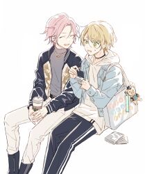 Rule 34 | 2boys, animal charm, bag, blonde hair, buttons, choker, closed eyes, commentary, cup, ensemble stars!, green eyes, high collar, holding, holding cup, hood, hood down, hoodie, invisible chair, jacket, long sleeves, male focus, multiple boys, open clothes, open jacket, open mouth, oukawa kohaku, pink hair, seuga, shiratori aira (ensemble stars!), short hair, sitting, sweater, turtleneck, turtleneck sweater, white background