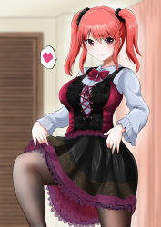 Rule 34 | 1girl, blush, bow, clothes lift, dress, dress lift, dress shirt, frills, gothic lolita, heart, highres, jewelry, lace, lolita fashion, long hair, looking at viewer, pantyhose, red eyes, red hair, ring, scrunchie, shirt, smile, solo, spoken heart, twintails, wedding band, yano toshinori