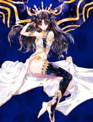 Rule 34 | 1girl, absurdres, ahma, anklet, armlet, bare shoulders, barefoot, black hair, black ribbon, crown, earrings, fate/grand order, fate (series), hair ribbon, highres, hoop earrings, ishtar (fate), ishtar (fate), jewelry, long hair, looking at viewer, navel, red eyes, ribbon, single thighhigh, smile, solo, thighhighs, tohsaka rin, twintails, two side up