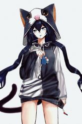 Rule 34 | 1girl, animal ears, animal hood, arknights, black hair, black hoodie, blaze (arknights), blue eyes, cat ears, cat girl, cat hood, cat tail, cellphone, cowboy shot, drawstring, drinking straw, drinking straw in mouth, hair between eyes, highres, holding, holding carton, holding phone, hood, hood up, hoodie, long hair, looking at viewer, milk carton, mouth hold, no pants, official alternate costume, phone, simple background, smartphone, solo, straight-on, tail, two-tone hoodie, very long hair, violetstone, white background, white hoodie