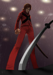Rule 34 | 1boy, brown hair, clenched hand, from below, jacket, katana, lights, looking down, male focus, pants, persona, persona 2, persona 2 batsu, planted, planted sword, planted weapon, red eyes, red jacket, sangatsu (threemoon-tei), sheath, solo, suou tatsuya, suou tatsuya (persona 2 batsu), sword, water, weapon, zipper