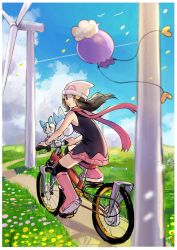Rule 34 | 1girl, beanie, bicycle, black hair, boots, border, cloud, commentary request, creatures (company), dawn (pokemon), day, drifloon, film grain, floating hair, floating scarf, flower, game freak, gen 4 pokemon, grass, hair ornament, hairclip, hat, highres, holding, looking back, nintendo, outdoors, over-kneehighs, pachirisu, path, pink footwear, pokemon, pokemon (creature), pokemon dppt, ririmon, road, scarf, sitting, sky, thighhighs, white border, white headwear, wind turbine, windmill