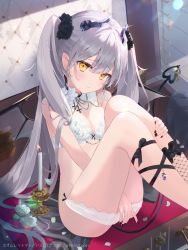 Rule 34 | 1girl, bare shoulders, black bow, black nails, bow, bow bra, bra, breasts, cleavage, closed mouth, commentary request, demon girl, demon horns, demon tail, demon wings, feet out of frame, fishnet socks, fishnets, flower, grey flower, grey hair, grey rose, grey wings, hair between eyes, horns, indoors, key, long hair, nail polish, omelet tomato, original, panties, panty pull, petals, rose, single sock, small breasts, socks, solo, tail, tail raised, twintails, underwear, very long hair, white bra, white flower, white panties, wings, yellow eyes