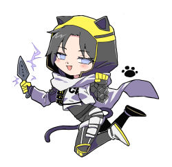 Rule 34 | 1girl, airborne, animal hood, animification, apex legends, black bodysuit, blue eyes, bodysuit, cat hood, cat tail, chibi, electricity, fang, highres, holding, holding knife, hood, knife, kunai, looking at viewer, nojima minami, nose piercing, official alternate costume, open mouth, parted bangs, piercing, scarf, skin fang, smile, solo, tail, void prowler wraith, weapon, white background, white scarf, wraith&#039;s kunai, wraith (apex legends)